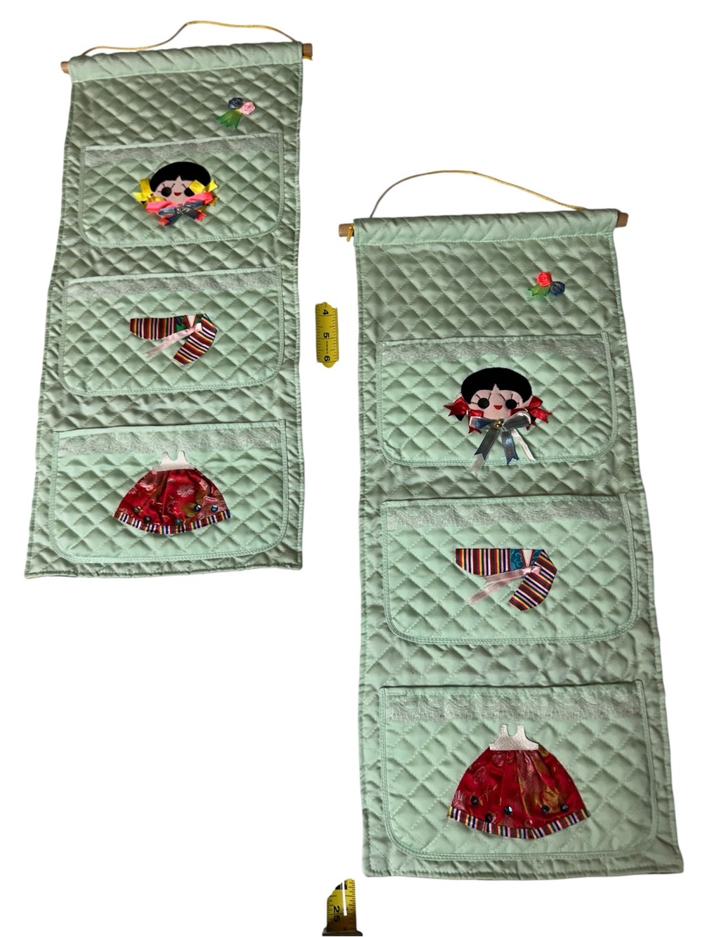 Korean handmade Quilted Hanging Organizer with Appliqué dolls